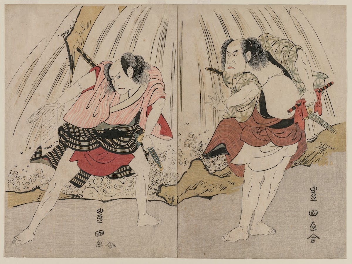 Kataoka Nizaemon VII and Ichikawa Yaozo III in a Confrontation Beside a Waterfal