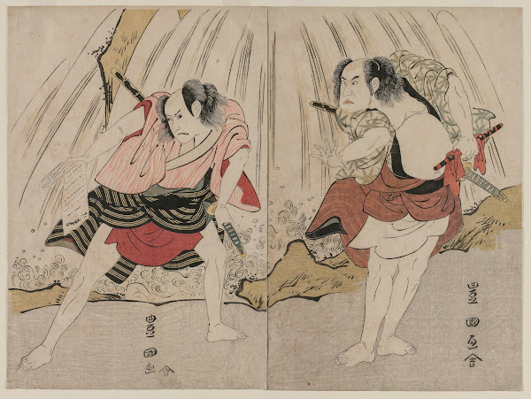 Kataoka Nizaemon VII and Ichikawa Yaozo III in a Confrontation Beside a Waterfal