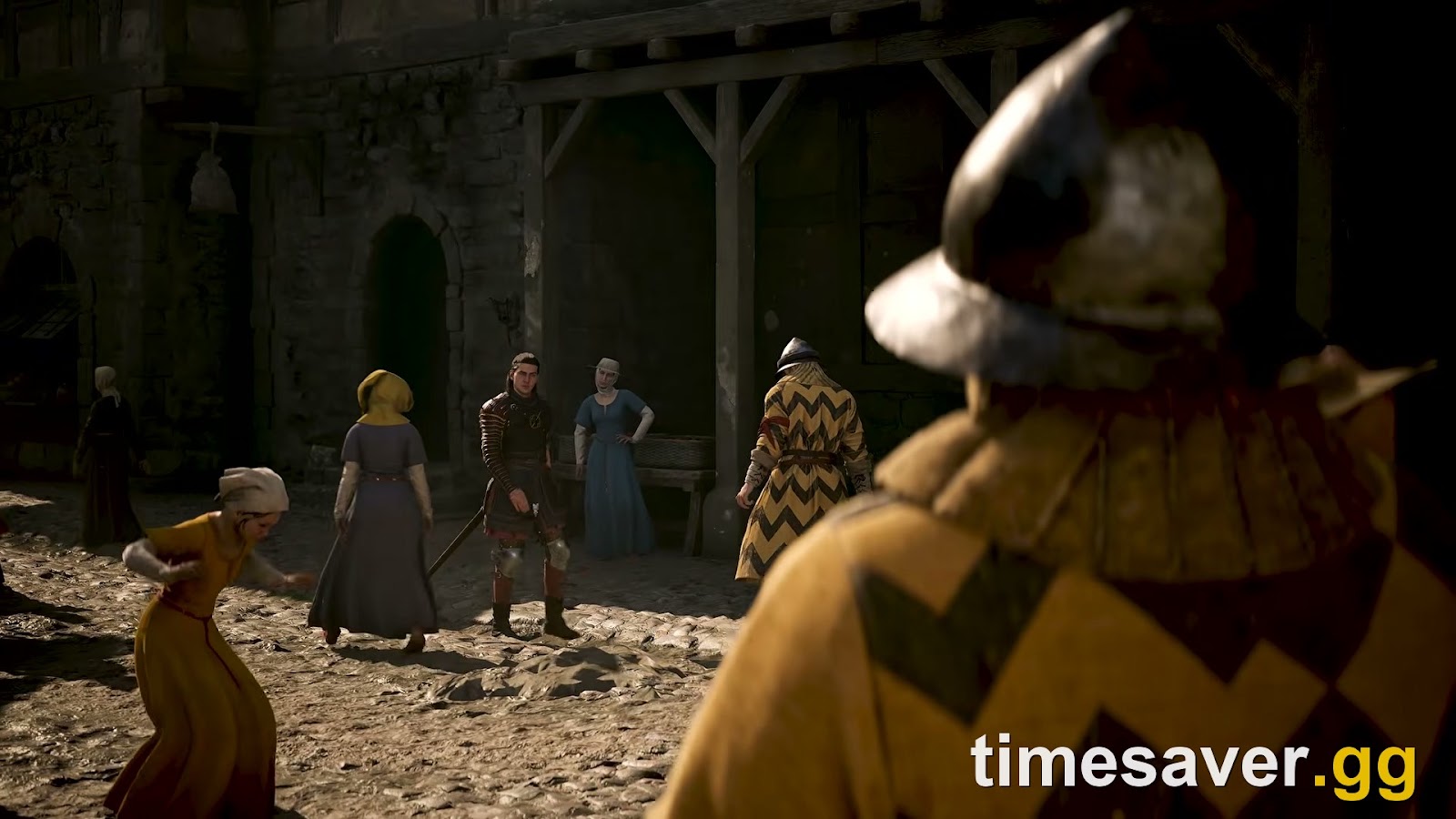 The Blood of Dawnwalker — daytime Coen stands among villagers and a guard in a sunlit medieval town square, the human side of the day/night cycle and the strong writing critics highlighted