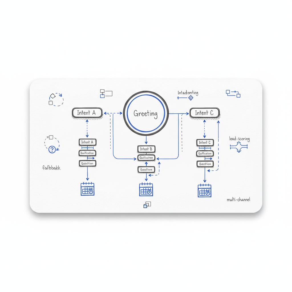 Minimalist notebook sketch of a chatbot flow showing greeting node, intent buttons, qualification questions and a calendar scheduling node in pen strokes &mdash; lead generation with AI