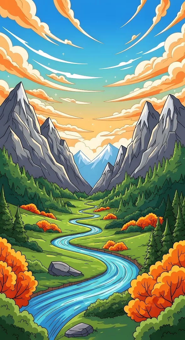 Vibrant Cartoon Mountain Valley River Landscape Illustration
