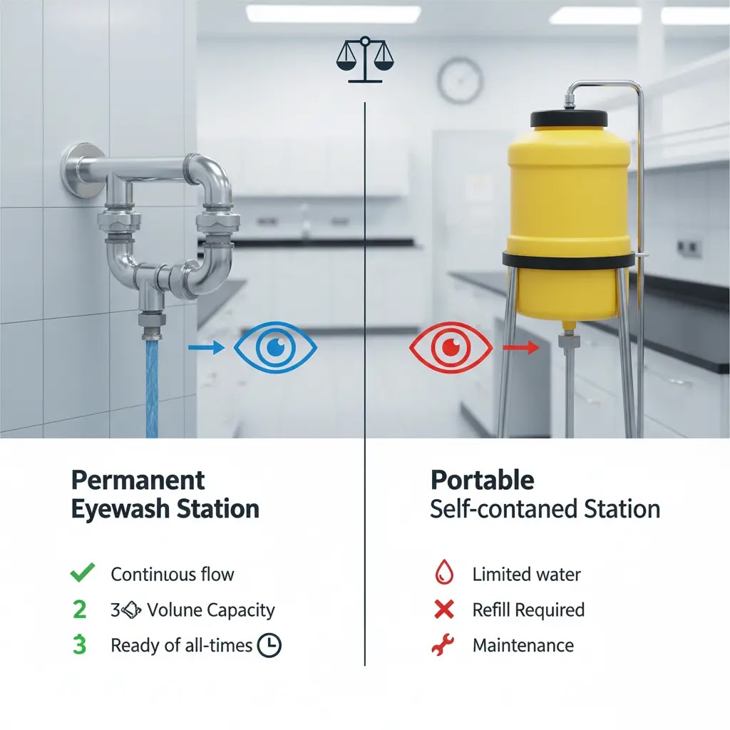 Eyewash station terhubung saluran air vs self-contained: kelebihan dan kekurangan