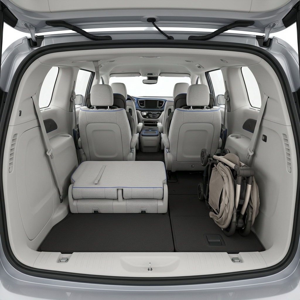 Minivans for sale interior showing three rows with child seats and clear rear cargo access highlighting rear passenger comfort and family friendly layout