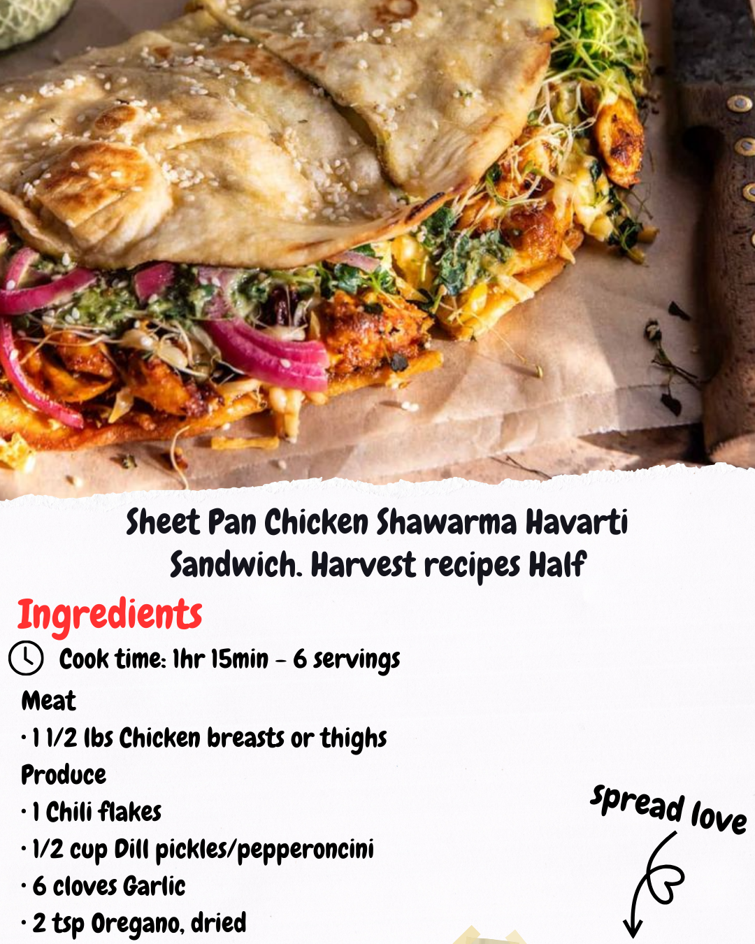 Sheet Pan Chicken Shawarma Havarti Sandwich. Harvest recipes Half