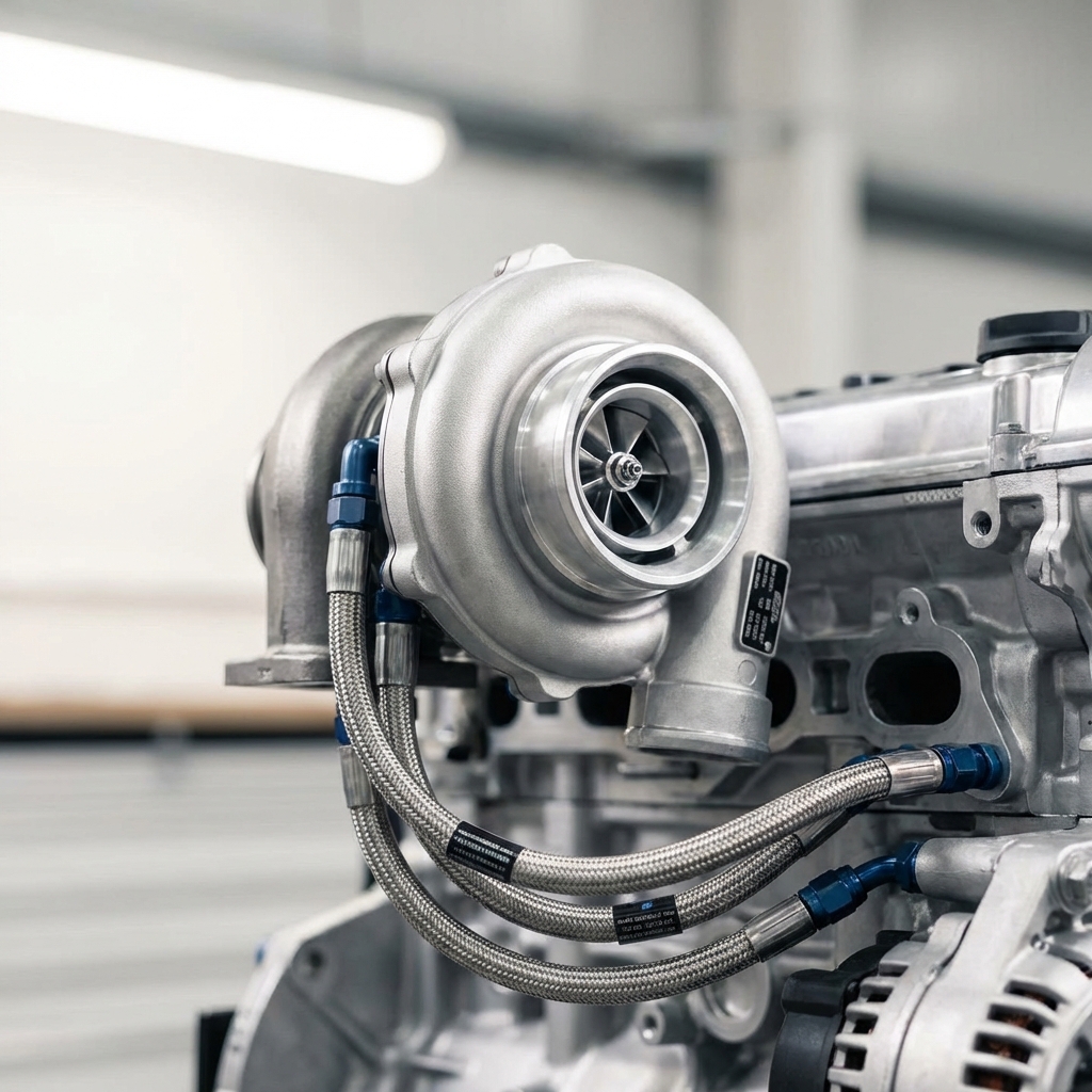 Close up of turbocharger and oil lines on a 2.5 TFSI engine in a clean workshop setting highlighting maintenance detail for audi rs3 for sale