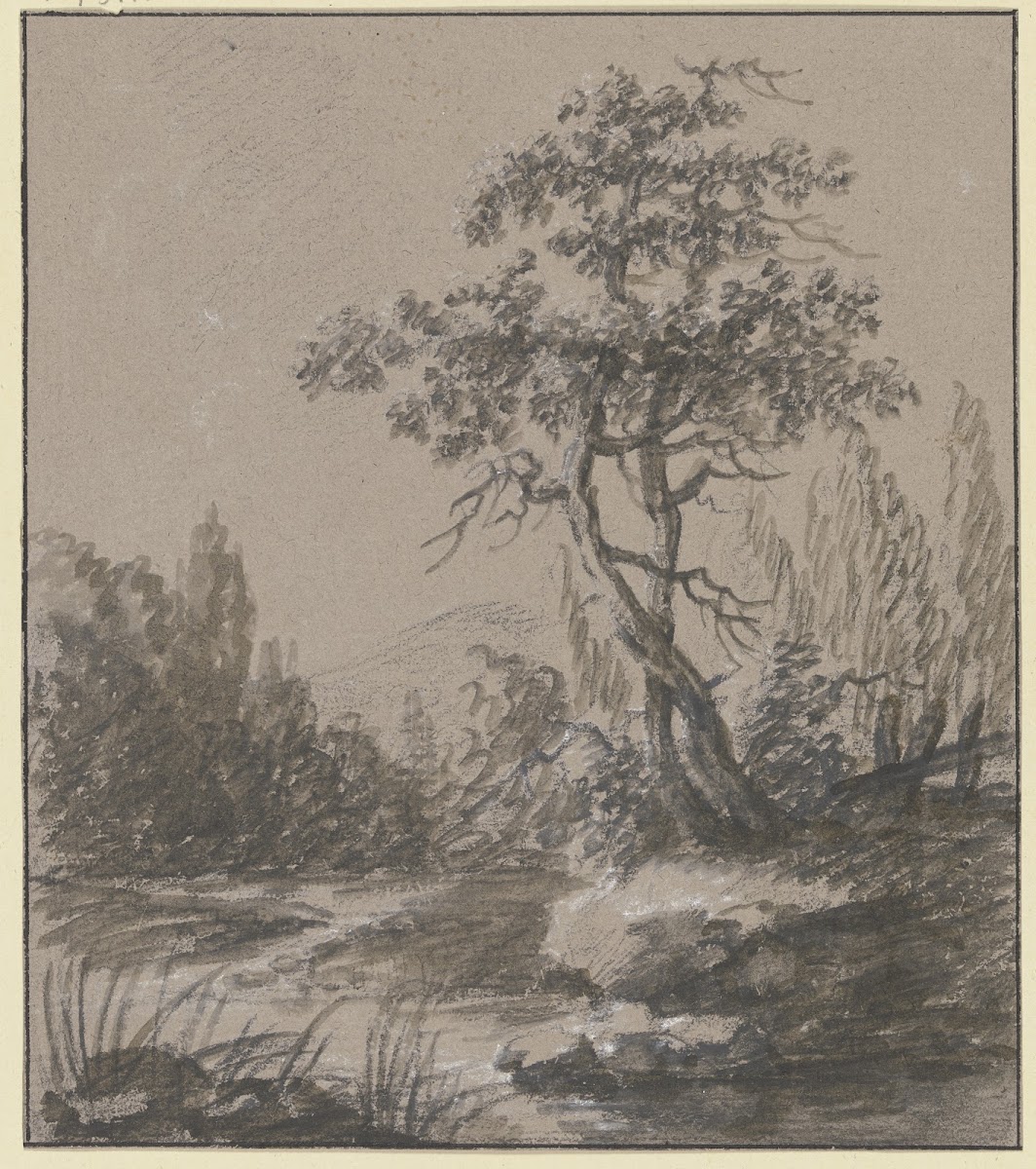 Landschaft mit zwei Bäumen am Wasser