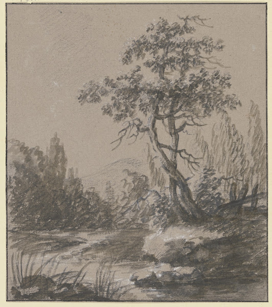Landschaft mit zwei Bäumen am Wasser