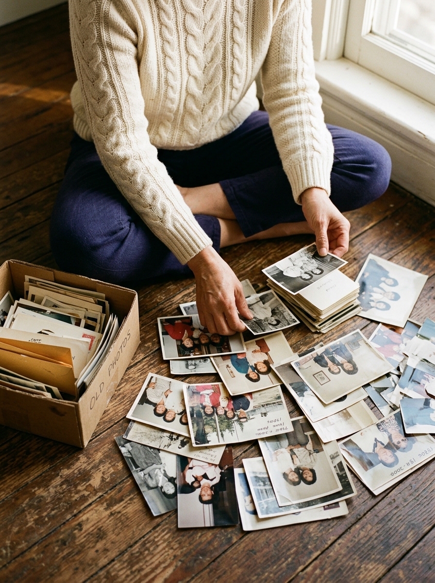 A box of old photographs spread across a wooden floor, sunlight falling across them, someone sitting cross-legged sorting through them slowly — no urgency, no phone.