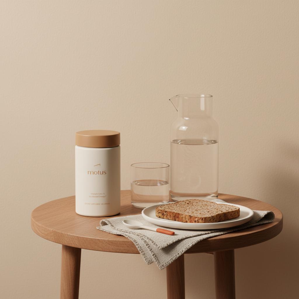 Motus supplement bottle on a bedside table with a glass water carafe and whole grain toast in a minimalist Tonum morning scene for Lactobacillus gasseri weight-loss content