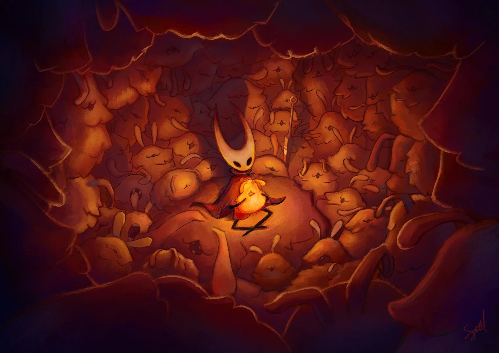 Hollow Knight Surrounded By Flukes - Digital Illustration Art 4K Wallpaper (4960x3508)