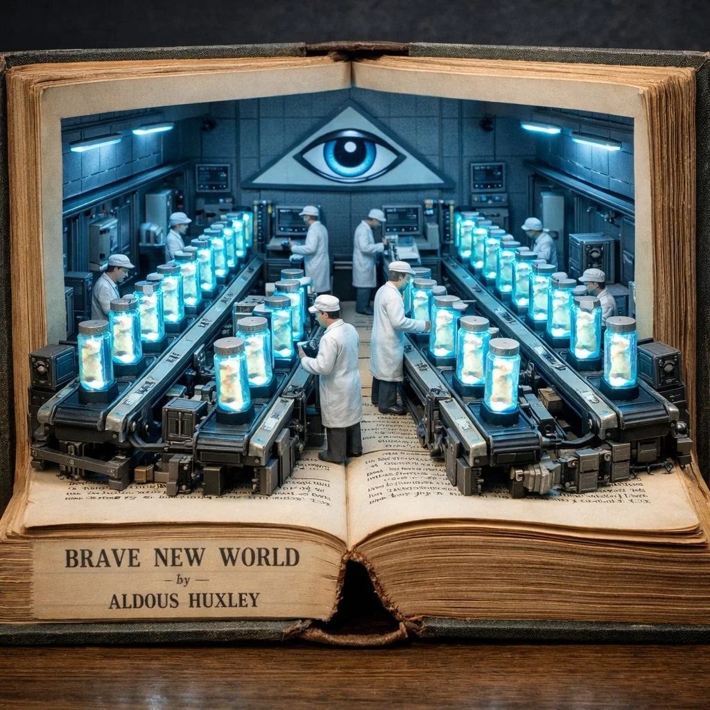 Diorama surrealista que emerge de un libro antiguo abierto de "Un mundo feliz" de Aldous Huxley: las páginas forman un...