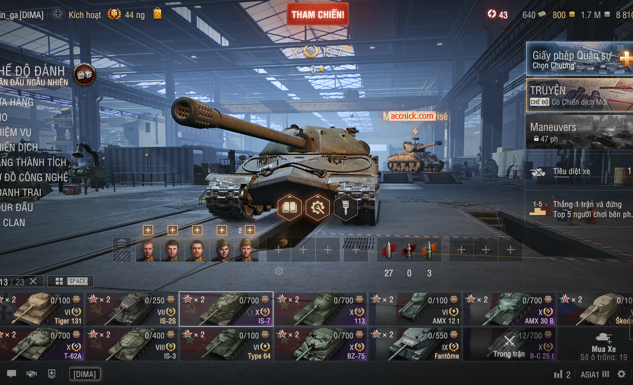 Acc World of Tanks PC gồm 6 tank X BZ-75, 113, IS-7, T-62A,...