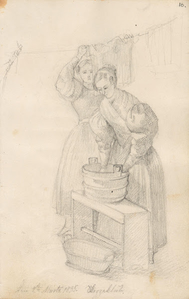 Kvinner som henger opp klær 1835