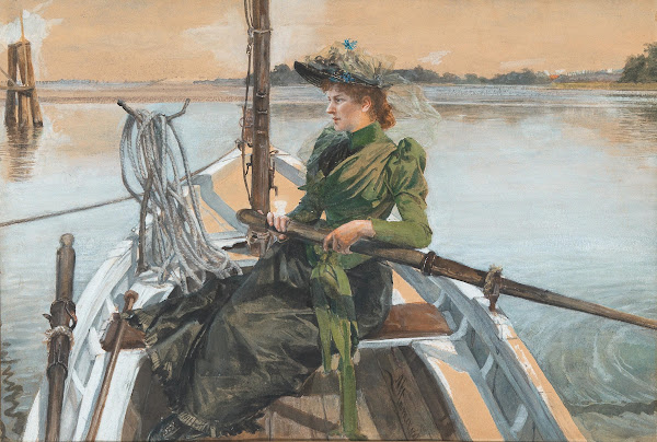 A Lady Dressed In Green And In An Elaborate Hat In A Row Boat 1889