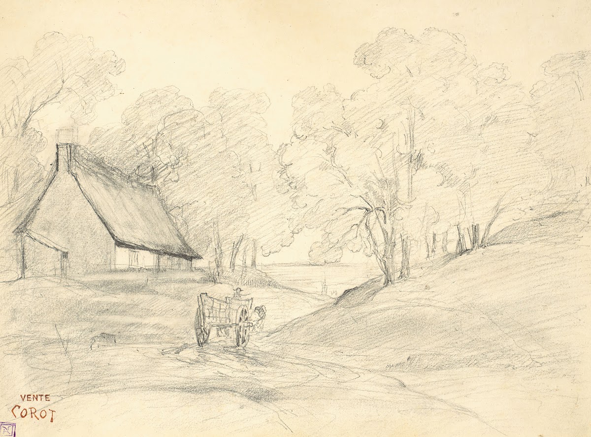 Chaumière dans un paysage arboré avec un homme dans une charrette