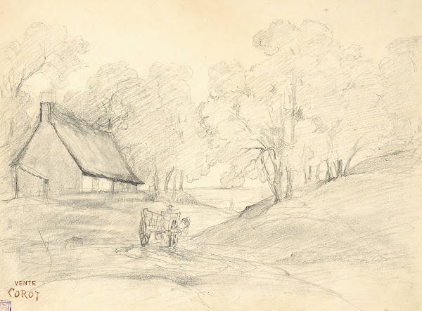Chaumière dans un paysage arboré avec un homme dans une charrette