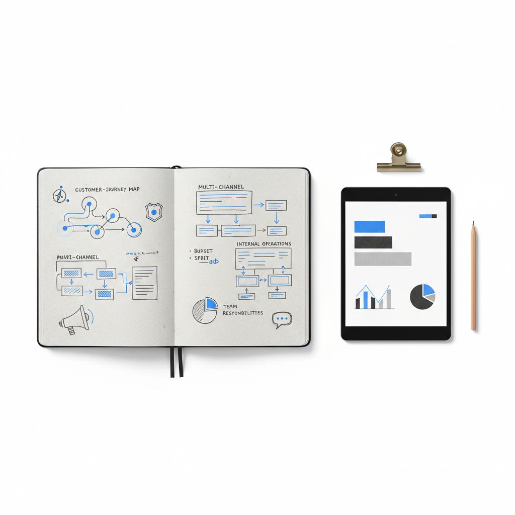 Flatlay notebook with hand-drawn diagrams and icons (compass, badge, speech bubble, megaphone) illustrating the 4 V's of branding; pencil and tablet dashboard, white background, #39383f ink, #1a5bfb accents.
