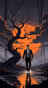 Neo Noir Man Walking Through Water Under Orange Moon Art