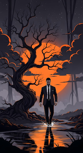 Neo Noir Man Walking Through Water Under Orange Moon Art - Free mobile Wallpaper