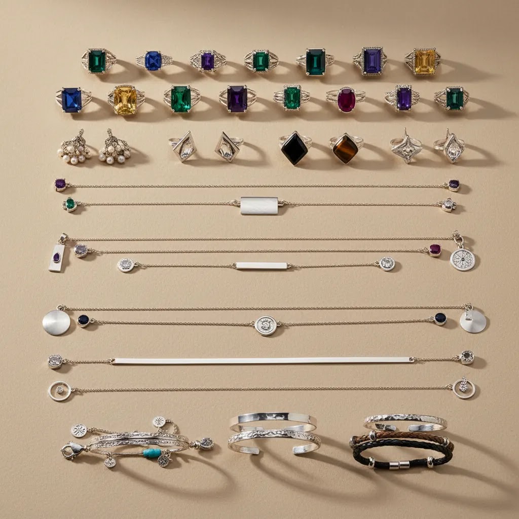 Silver gemstone jewelry wholesale collection with 925 sterling silver rings, earrings, pendants, and bracelets for buyers