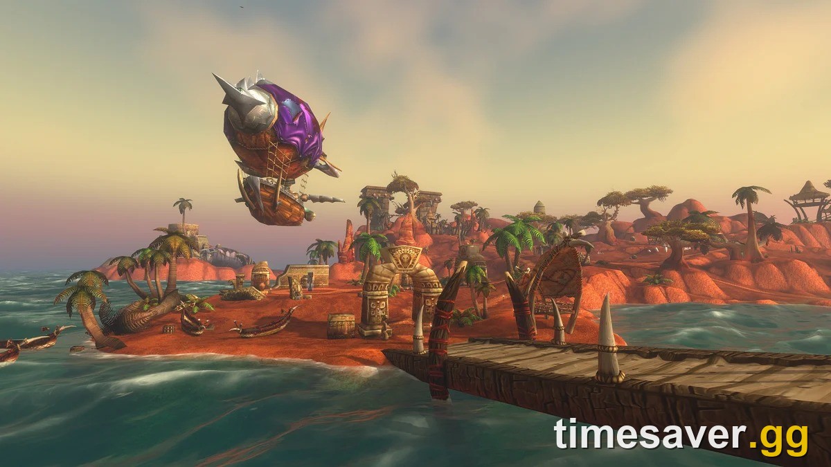 WoW Forever open-world coastline with a zeppelin overhead, showing why fast travel matters