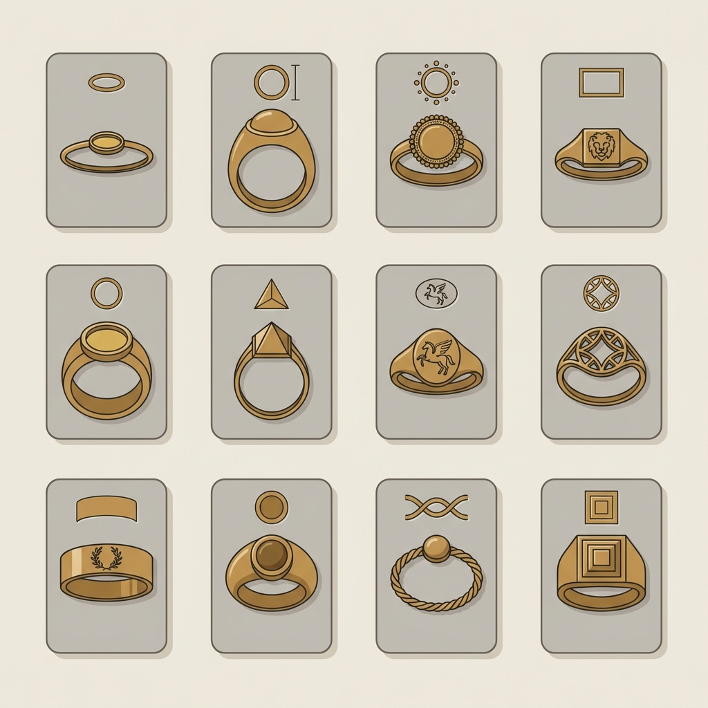 Overhead 2D vector illustration of a small collection of ancient greek rings on neat pads showing bezel shapes and hoop profiles for comparison