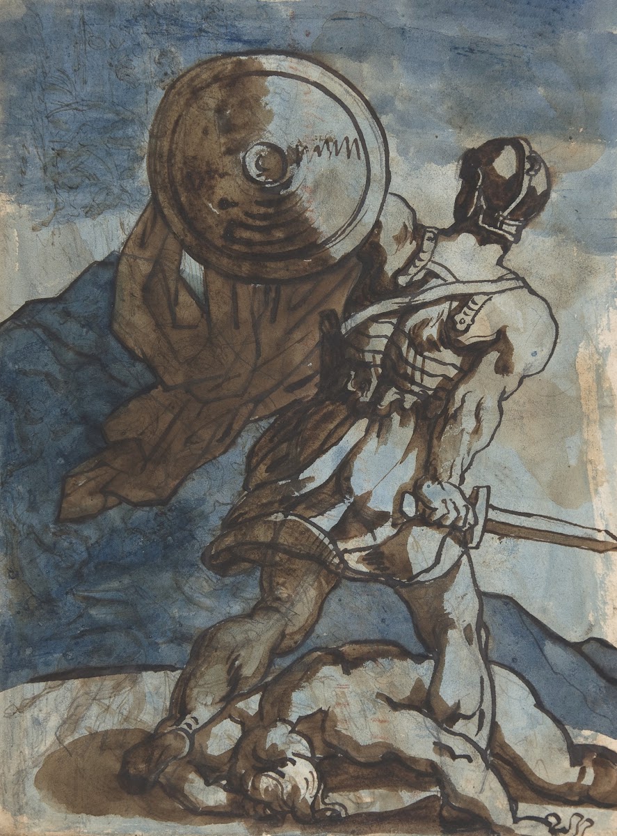 A Warrior Holding a Shield and Sword Seen from the Back 181617