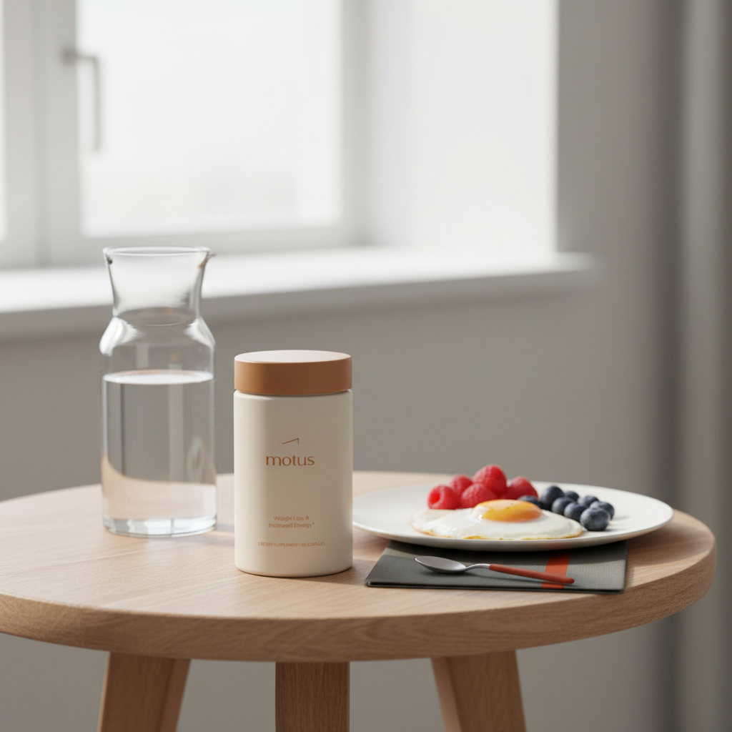 Minimal lifestyle photo of Tonum Motus bottle on a wooden table with carafe and a breakfast plate of egg and berries, clean neutral background — weight loss supplement stack