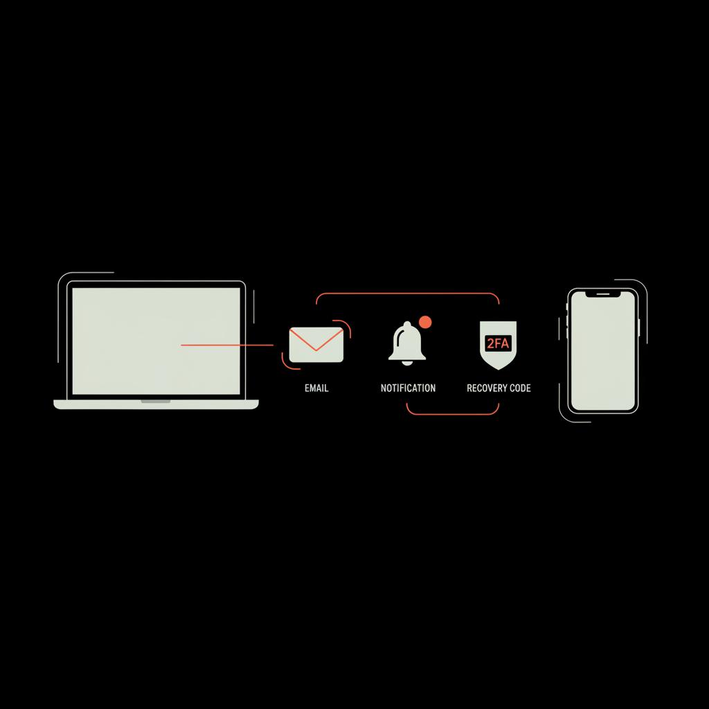 Minimal vector infographic of a laptop and smartphone with email, notification, and recovery code icons on a black background for Google account recovery.