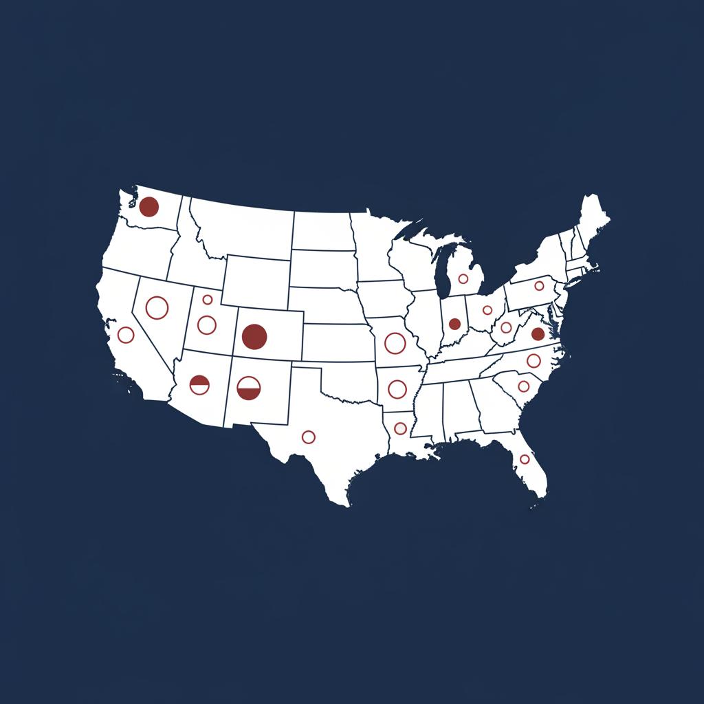 Minimalist 2D vector US map highlighting metropolitan areas shaded by relative price level showing cheapest cities to live in usa