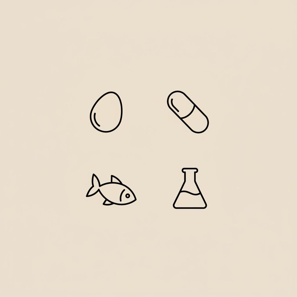 Minimal Tonum-style vector illustration of an egg, fish, capsule, and lab beaker arranged in a circle on beige background — best supplements for brain development