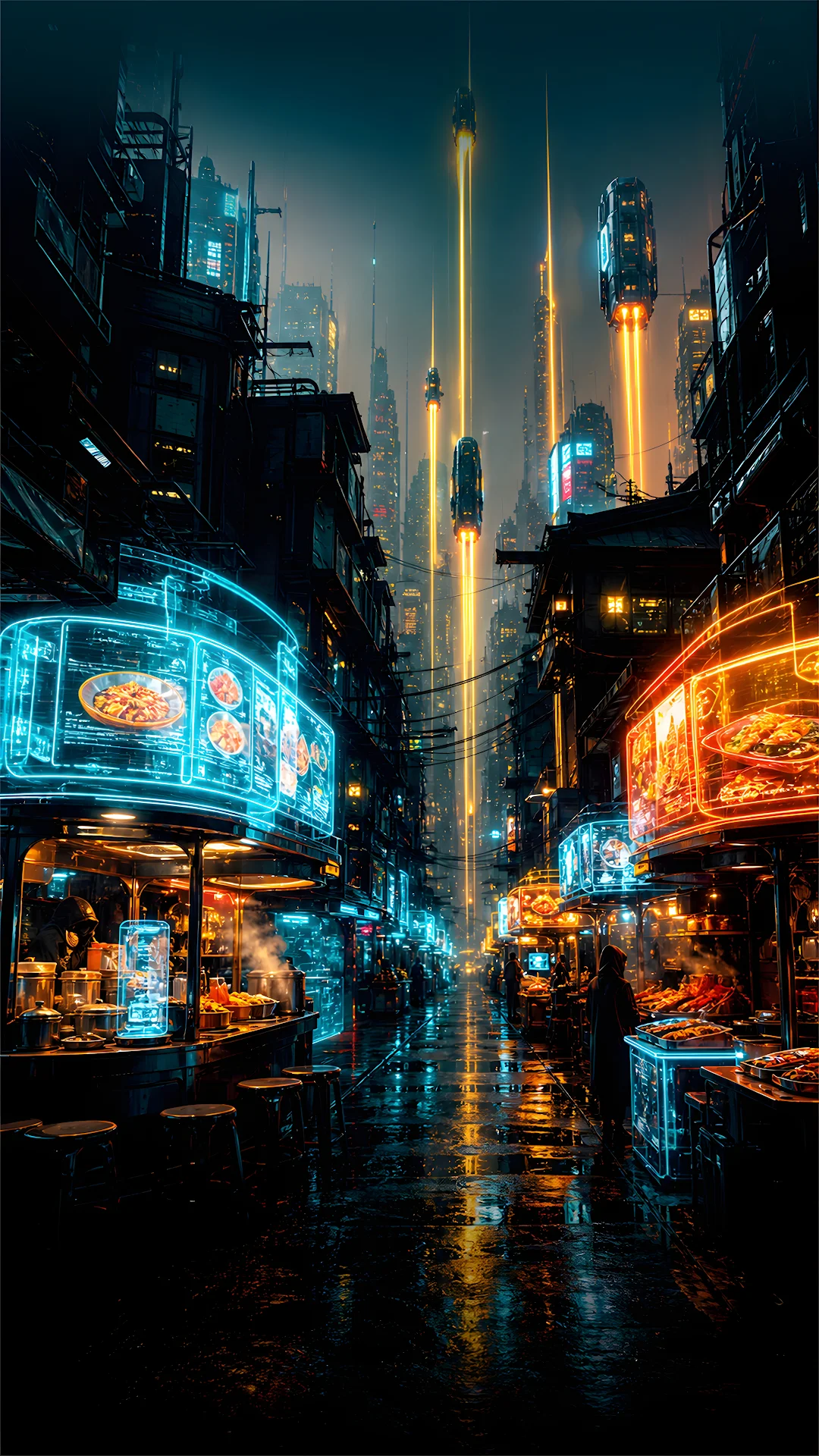 Neo Seoul Alleyway with Holographic Street Food Stands - Free 4K mobile Wallpaper
