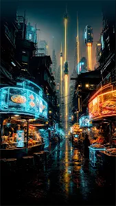 Neo Seoul Alleyway with Holographic Street Food Stands