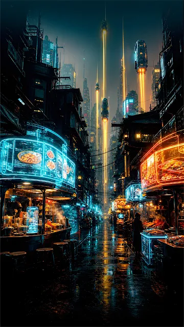 Neo Seoul Alleyway with Holographic Street Food Stands