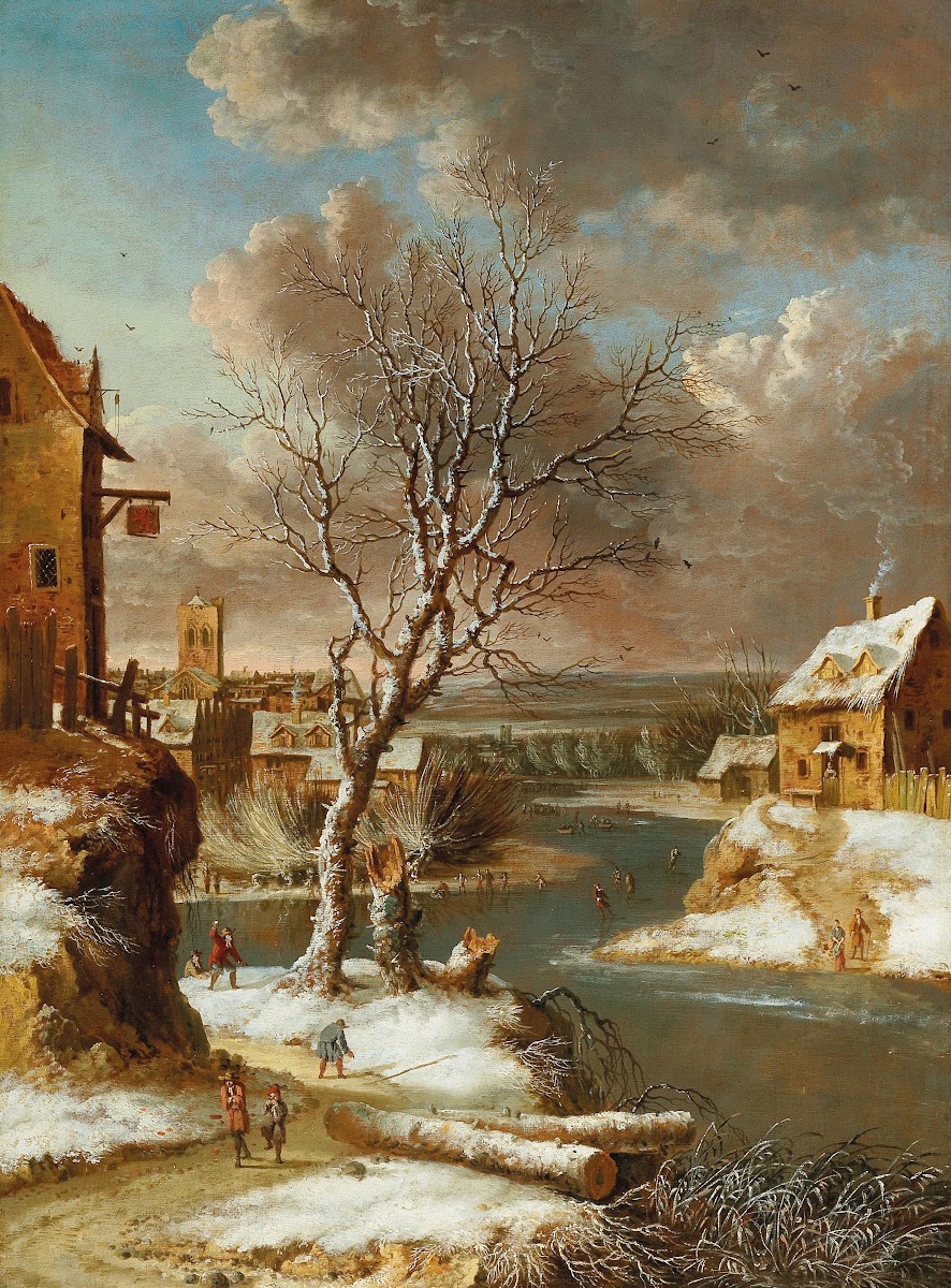 Winter landscape with skaters on a frozen river