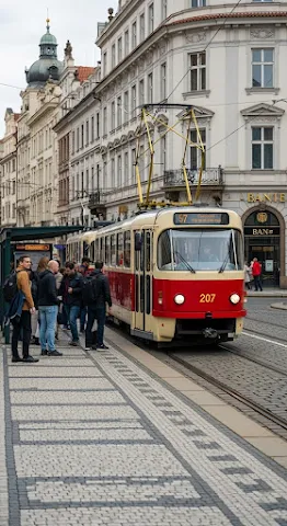 Tram at Stop in Historic Prague