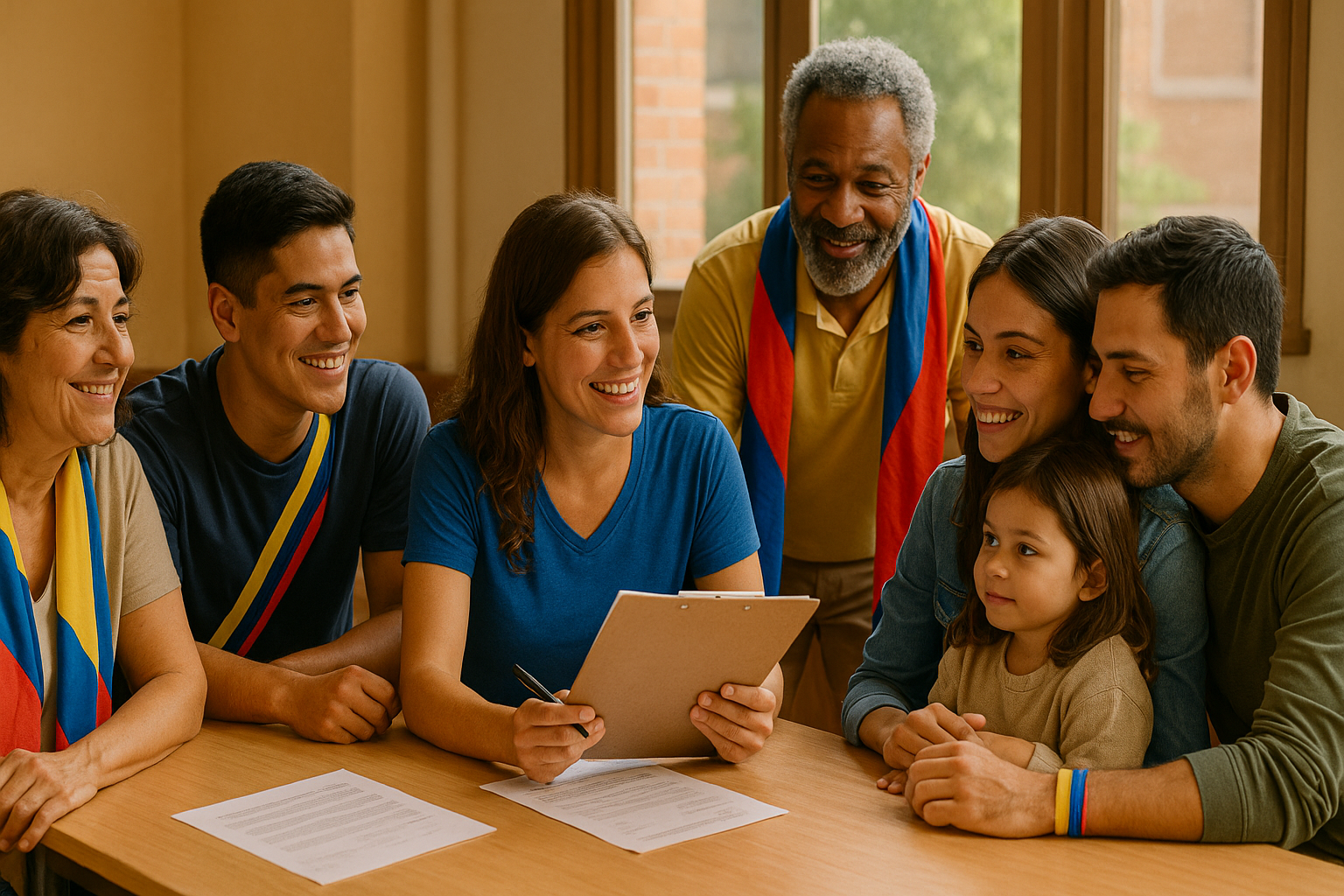 Voluntarios venezolanos traduciendo en un centro comunitario en el extranjero
