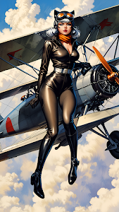 Pinup Woman in Leather Flight Suit on Vintage Biplane