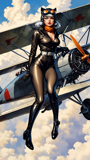 Pinup Woman in Leather Flight Suit on Vintage Biplane - Free mobile Wallpaper