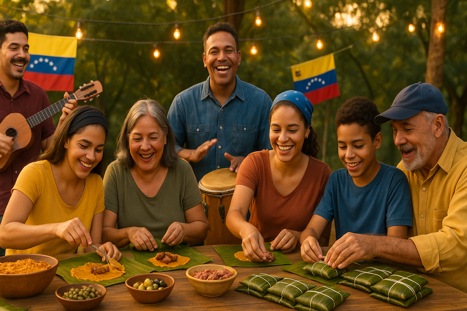 Comunidad venezolana preparando hallacas y cantando gaitas en una plaza