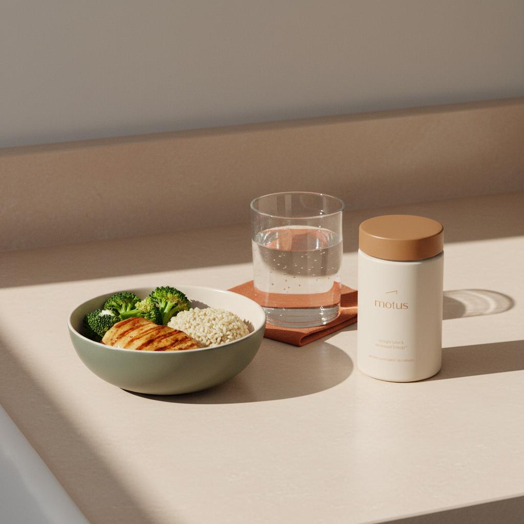 Tonum Motus container on a clean kitchen counter with a balanced meal bowl and glass of water in soft natural light, minimalist scene — 70/30 rule gym