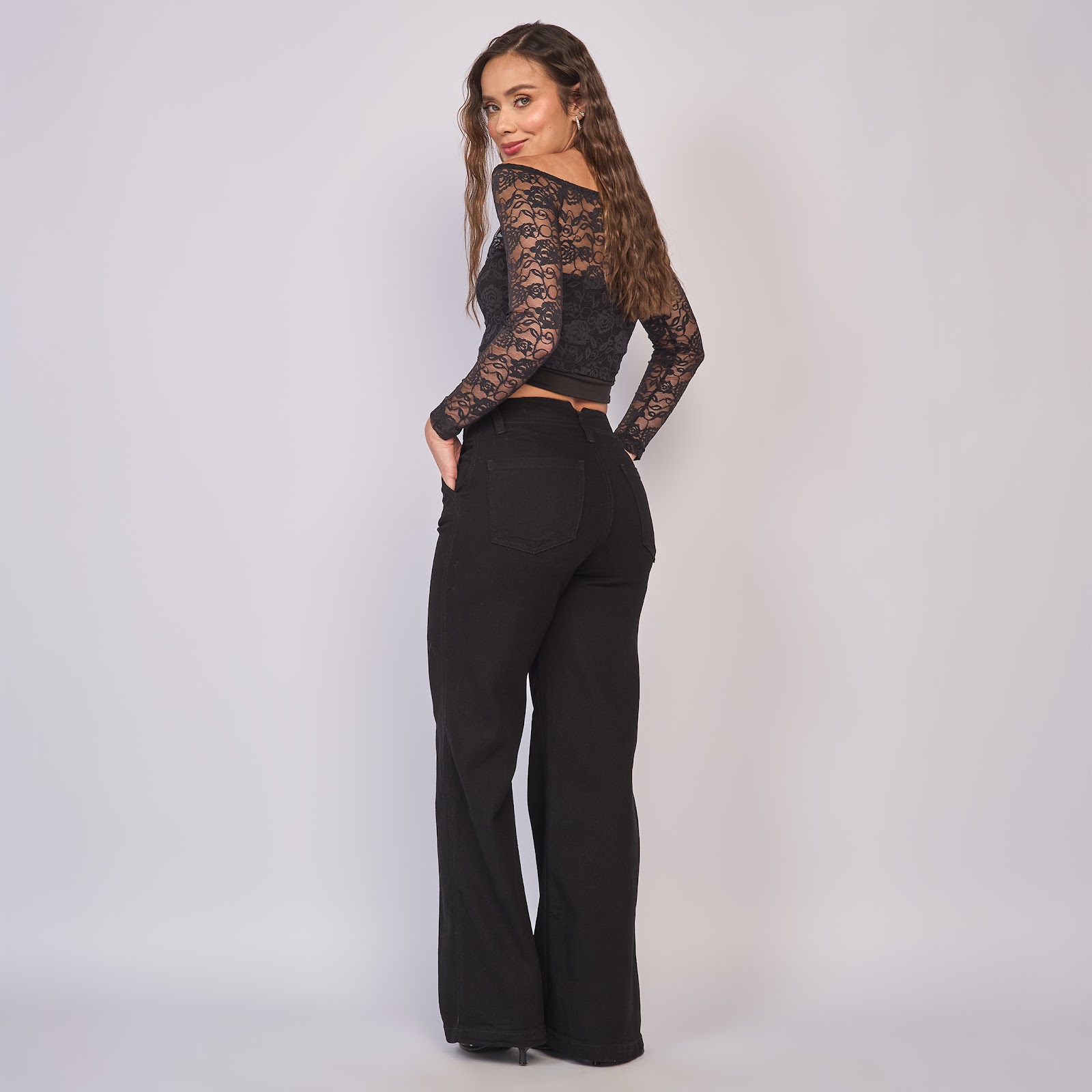 Jean dama wide leg tiro alto licrado, color Negro - Vista 7