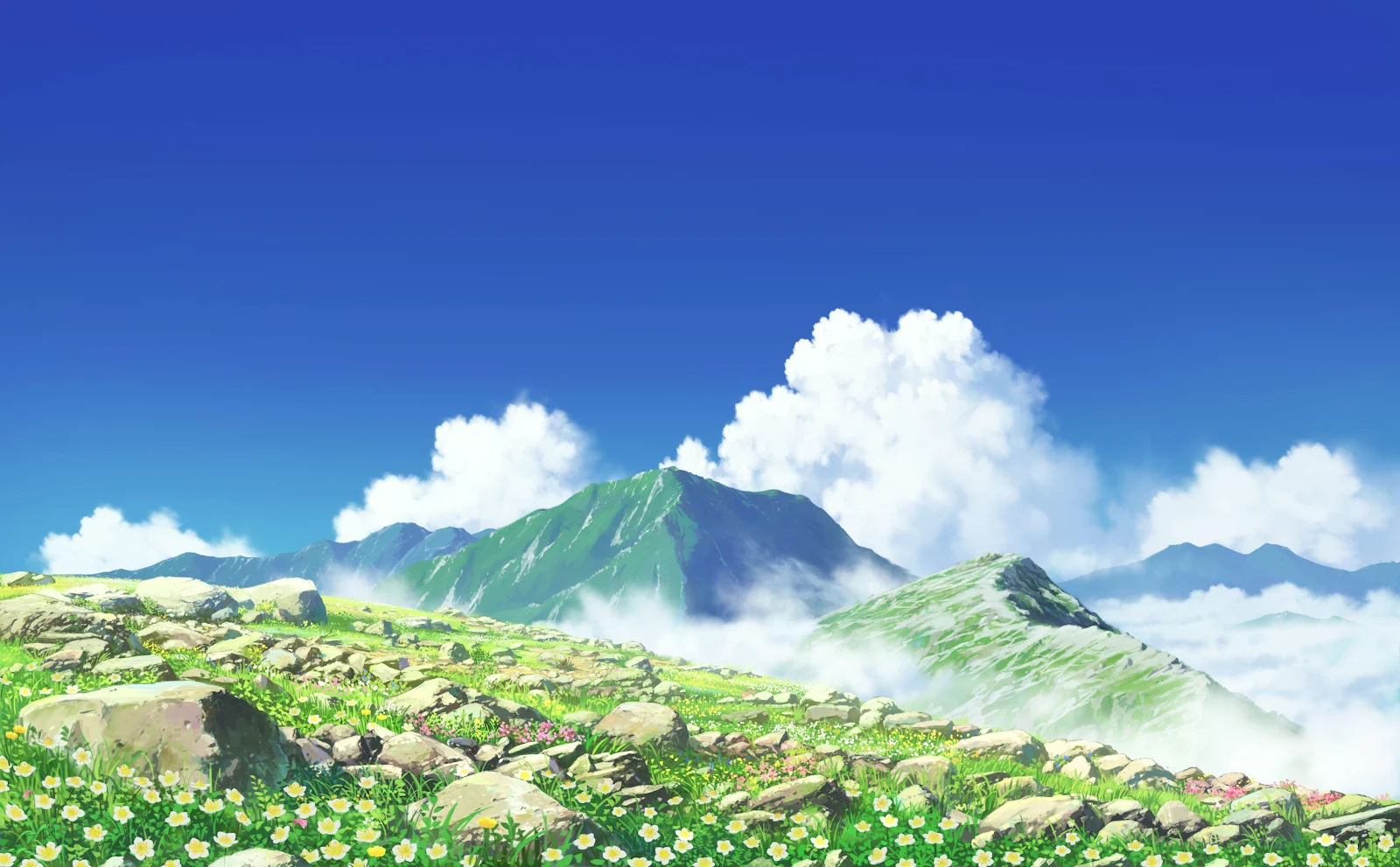 Scenic Anime Mountain Meadow - Anime Illustration 4K Wallpaper (4096x2538)