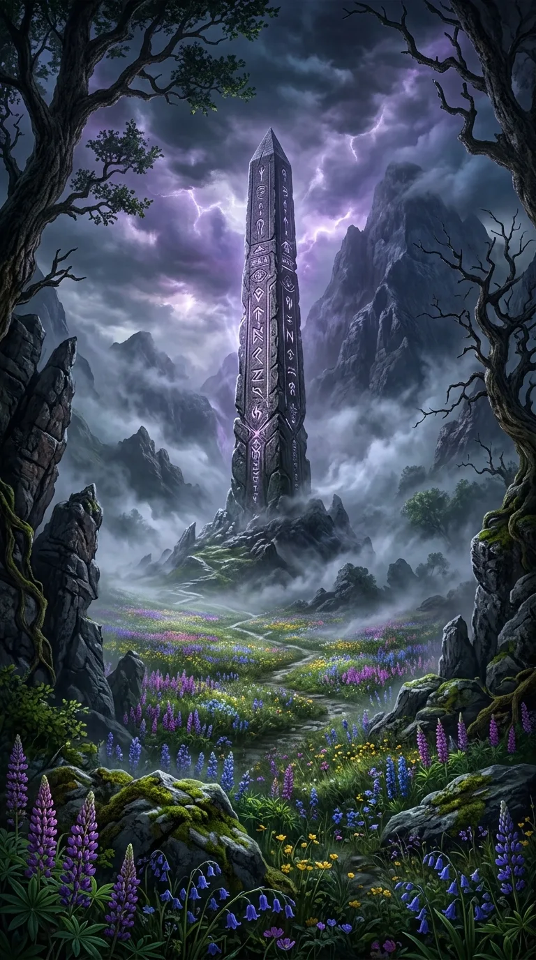Colossal Stone Obelisk in Misted Valley with Purple and Silver Glow - Free 4K mobile Wallpaper