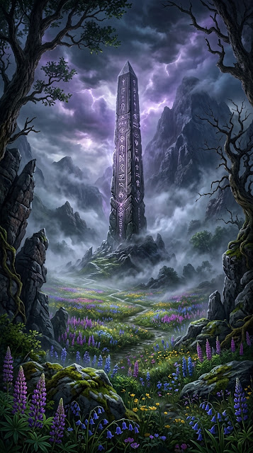 Colossal Stone Obelisk in Misted Valley with Purple and Silver Glow - Free mobile Wallpaper