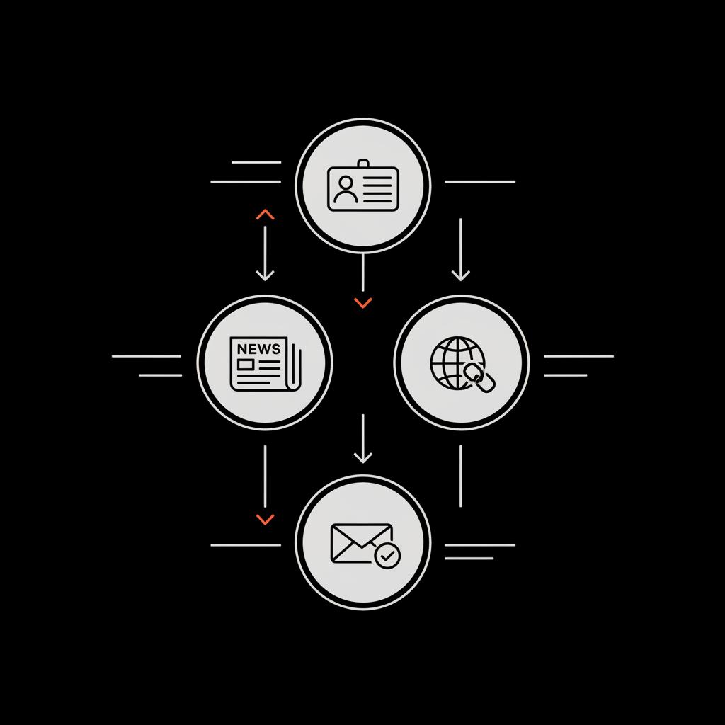 Minimal vector checklist infographic with four icons (ID card, press clipping, website link, subscription) illustrating Twitter verification benefits with light-gray icons and orange accent arrows on black.