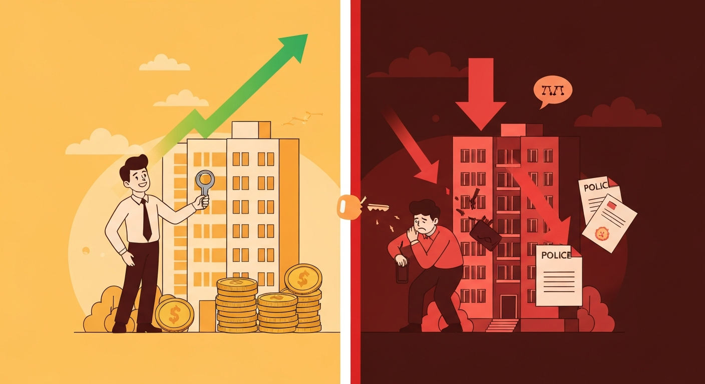 갭투자의 빛과 전세사기의 그림자를 표현한 일러스트