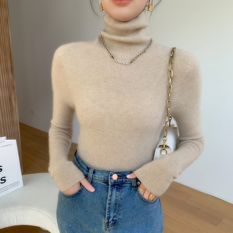 Women's cashmere turtleneck sweater, ribbed, slim fit