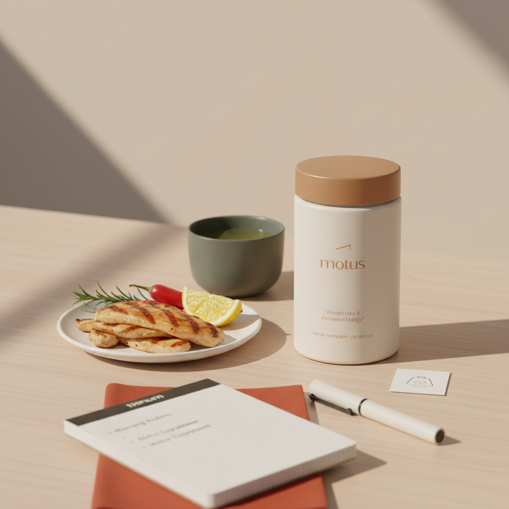 Motus jar beside a plate of metabolism-boosting foods (green tea, chili, lean protein) on a wooden surface, minimalist scene for what foods increase metabolism and burn fat
