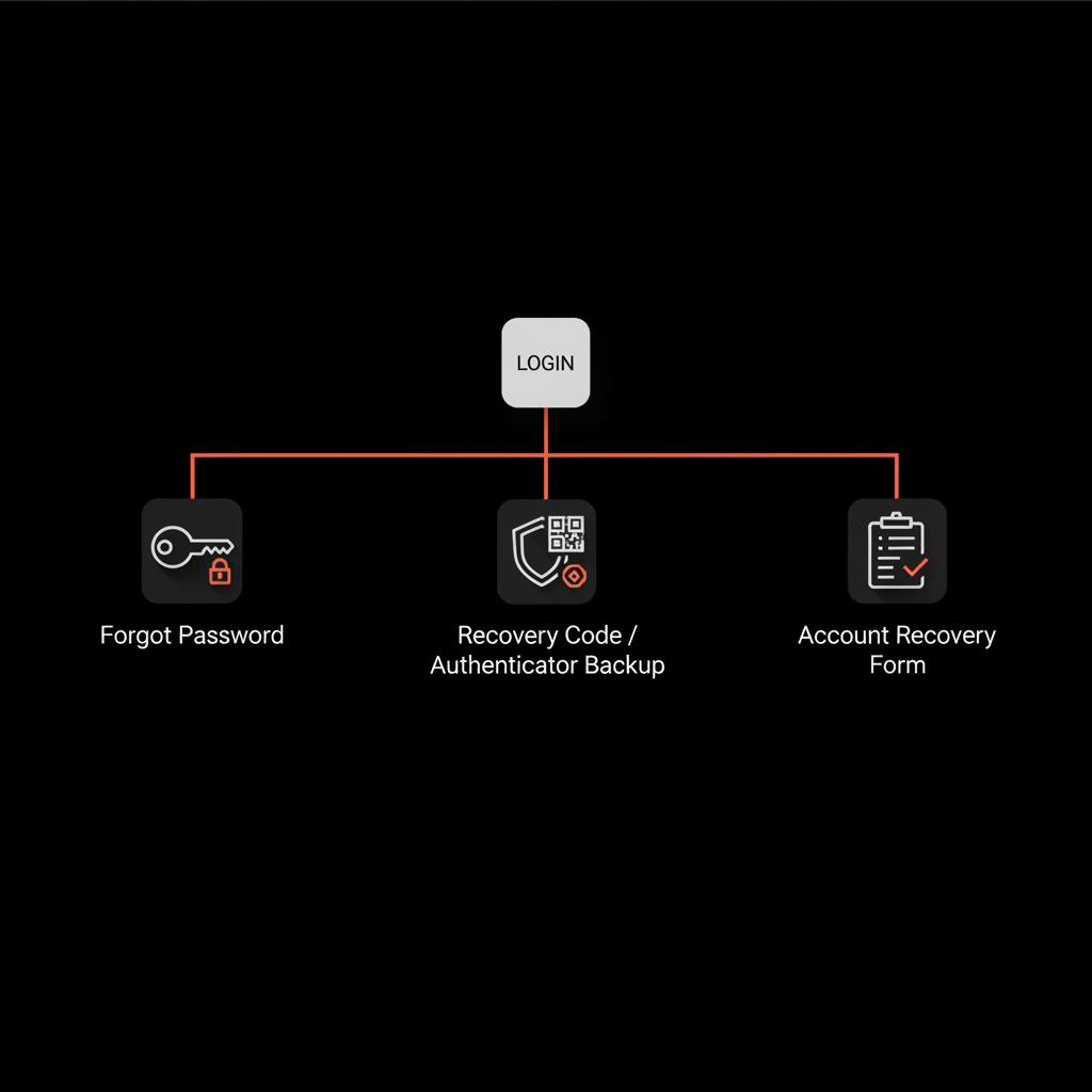 Minimal black-background flowchart illustrating three recovery routes—Forgot Password, Recovery Code/Authenticator Backup, Account Recovery Form — how to recover outlook account